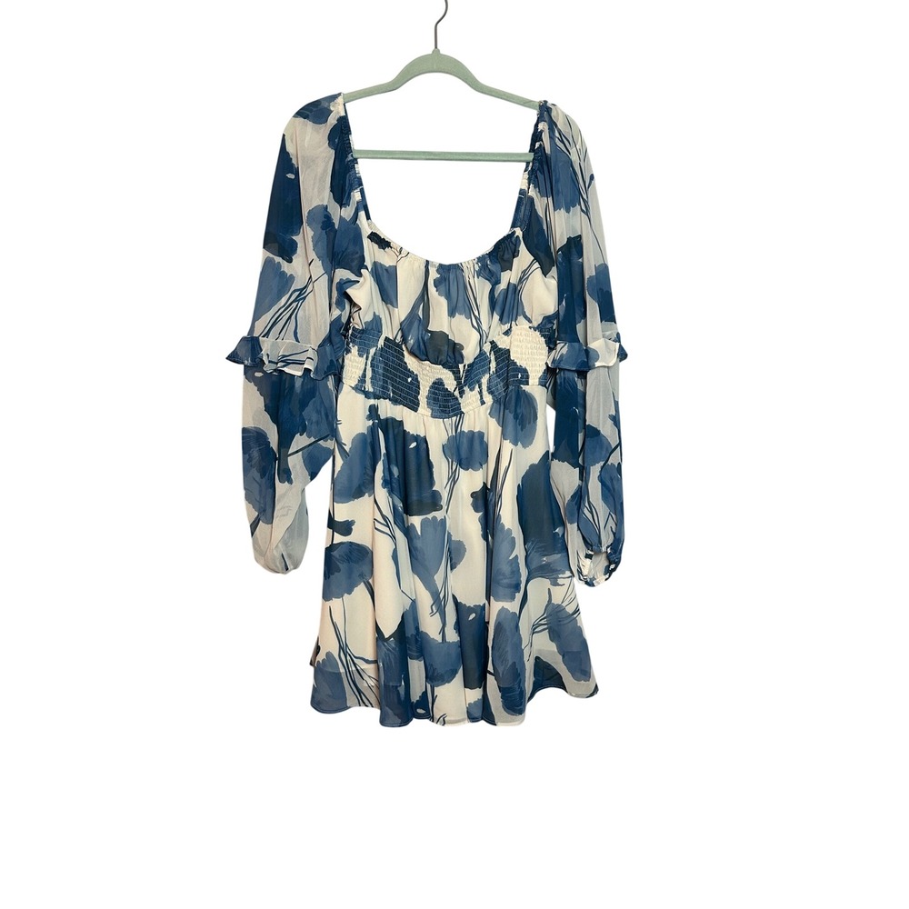 Hutch Blue White Floral Smocked Romper Long Balloon Sleeve Ruffle Size L NEW
